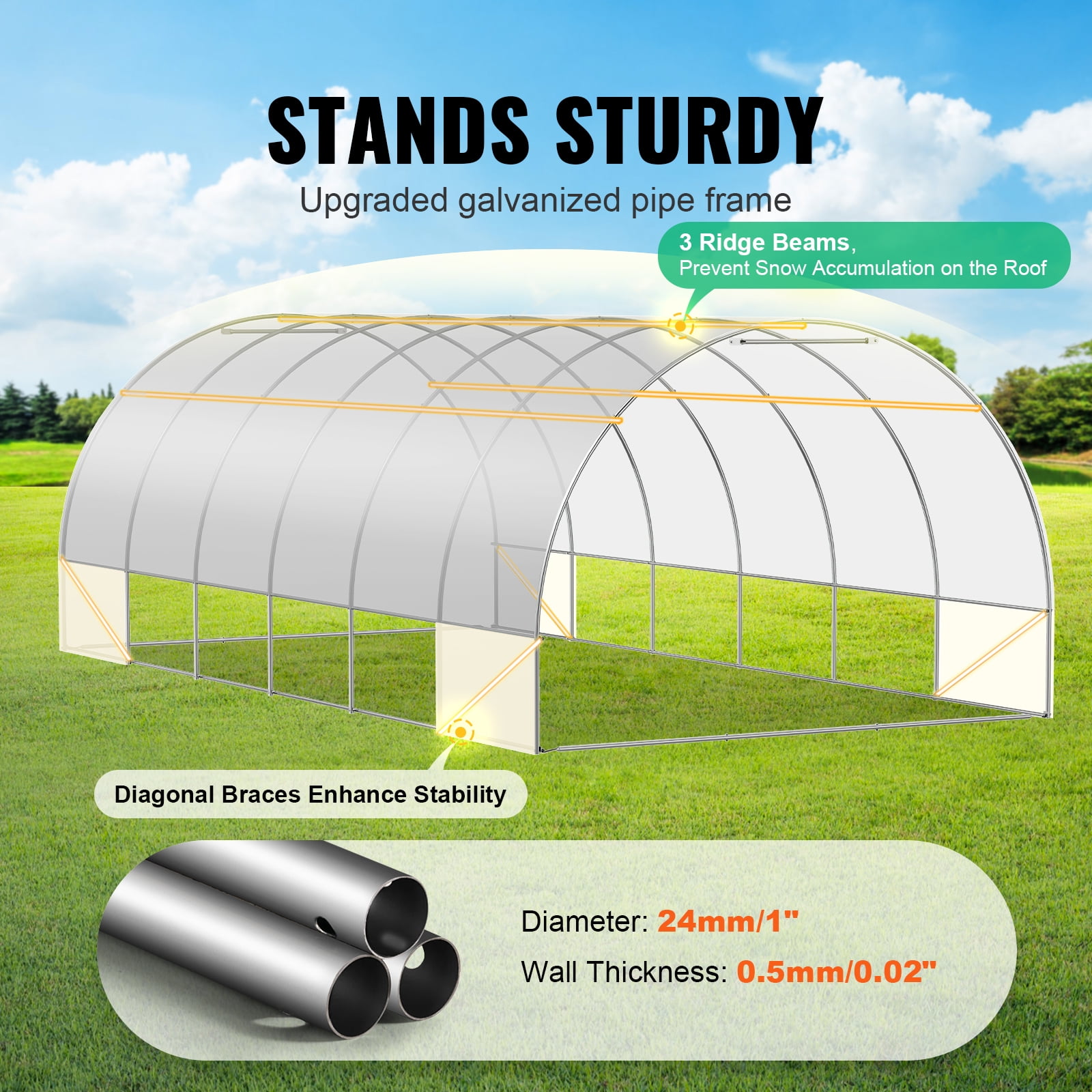 KFFKFF Tunnel Greenhouse, 19.4x9.7x6.5 ft, with Sturdy Galvanized Steel Frame, White PE Protection, Roll-up Door & 12 Ventilation Windows for Garden