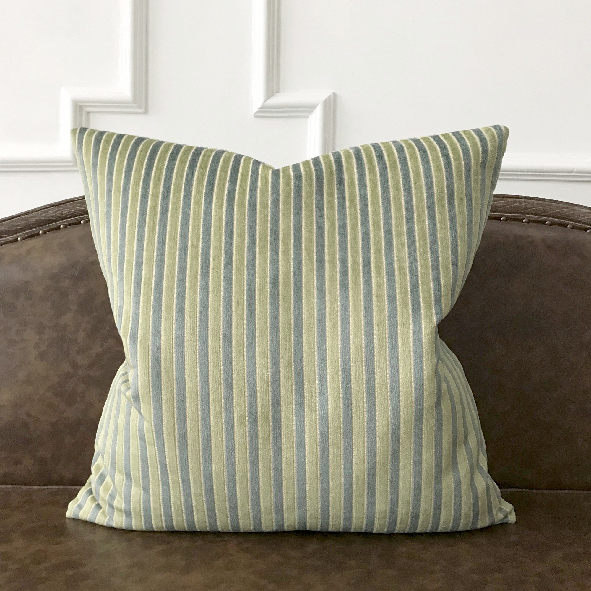 Green and Baby Blue Woven Stripe Textured Decorative Pillow Cover 24