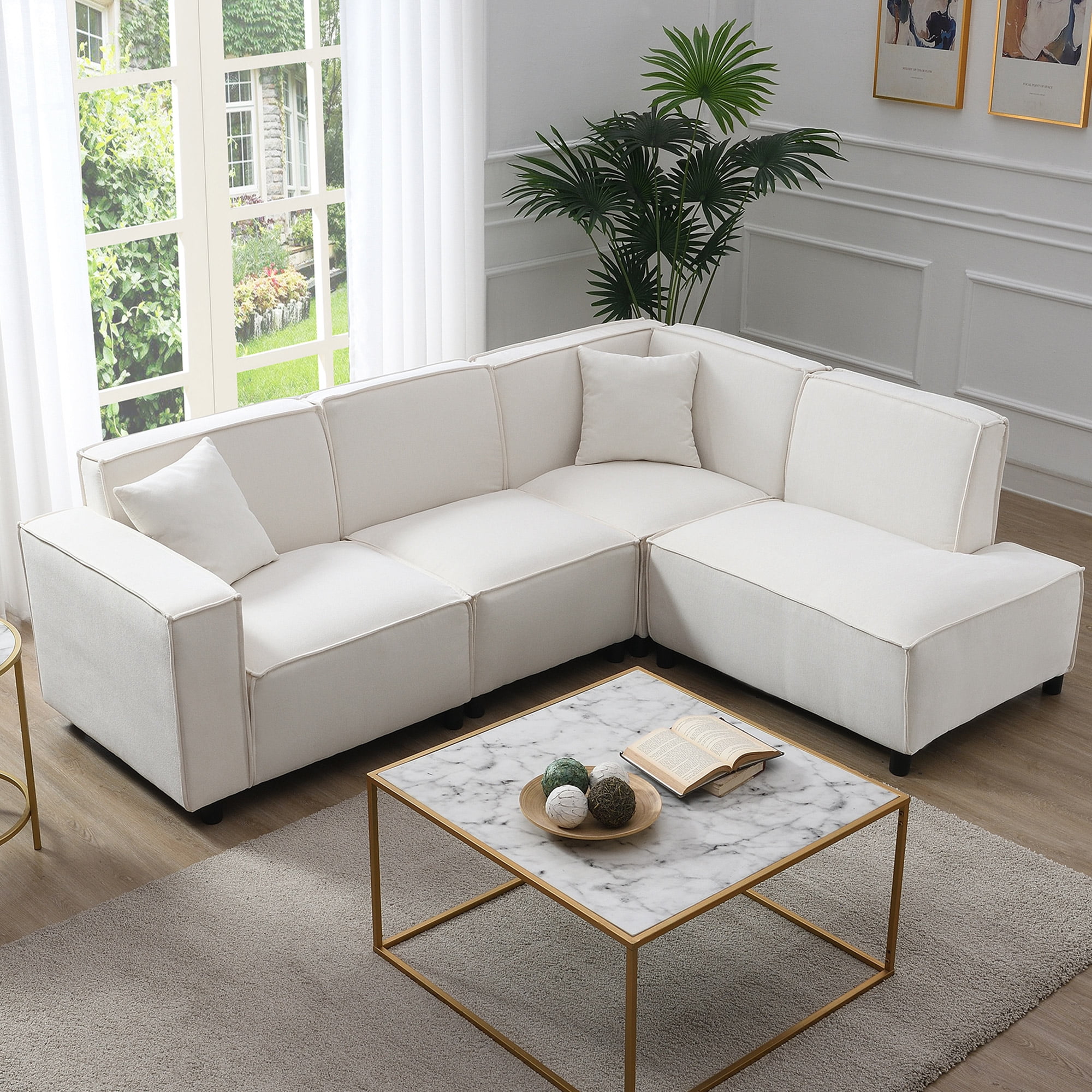 L shape 4 seater beige living sofa