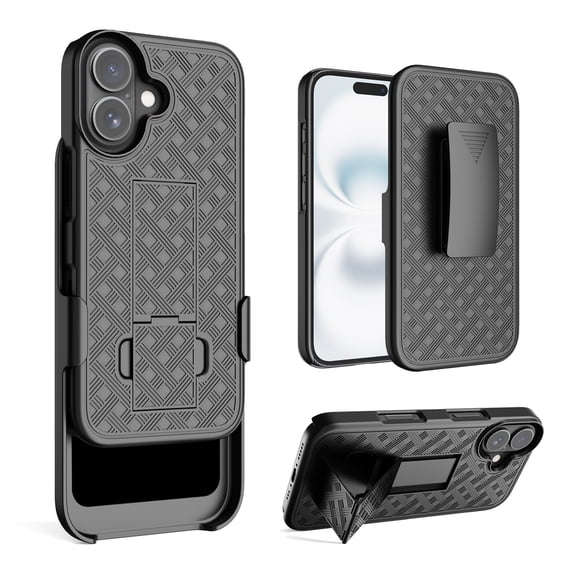 Dteck For iPhone 17 Case with Belt Clip Holster, 2-in-1 360° Rotating Clip Kickstand Shockproof Protection Armor Cover, Black