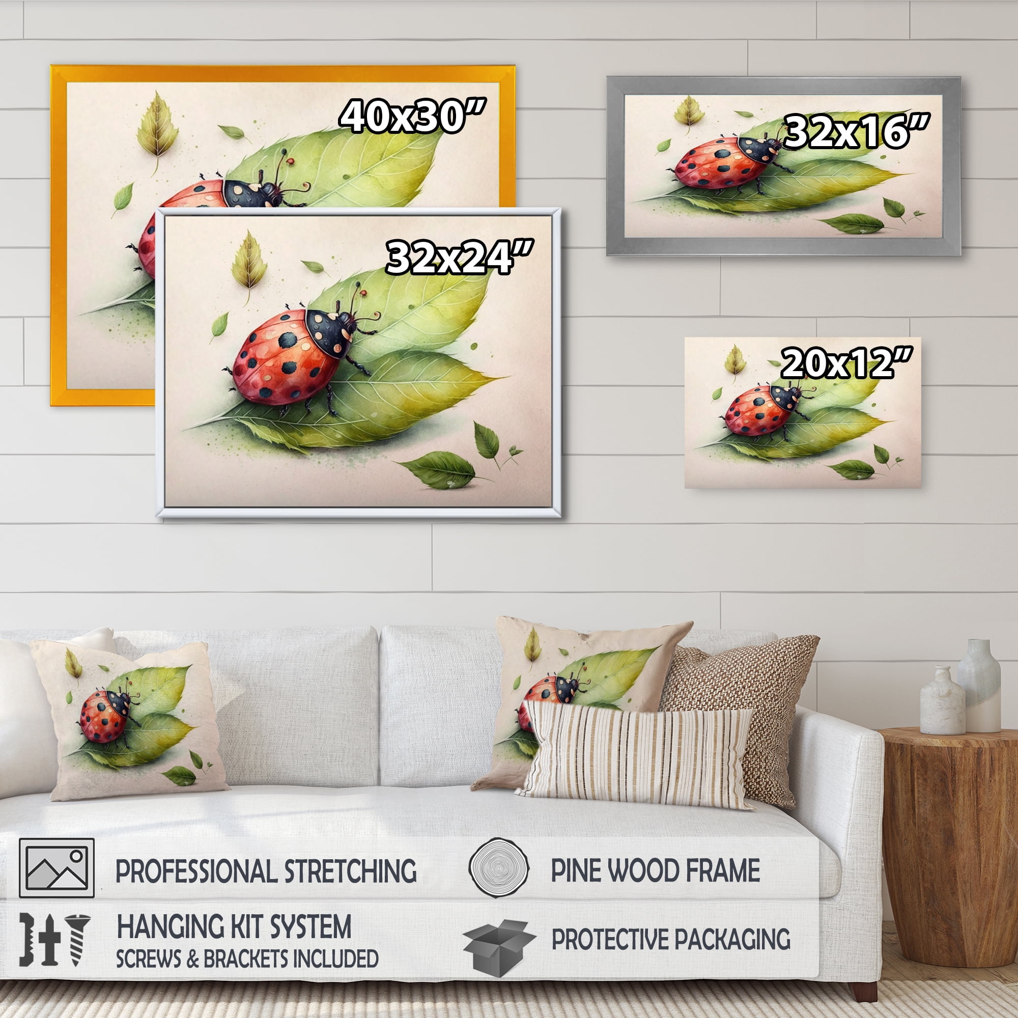 Designart Ladybug On A Leaf Canvas Wall Art
