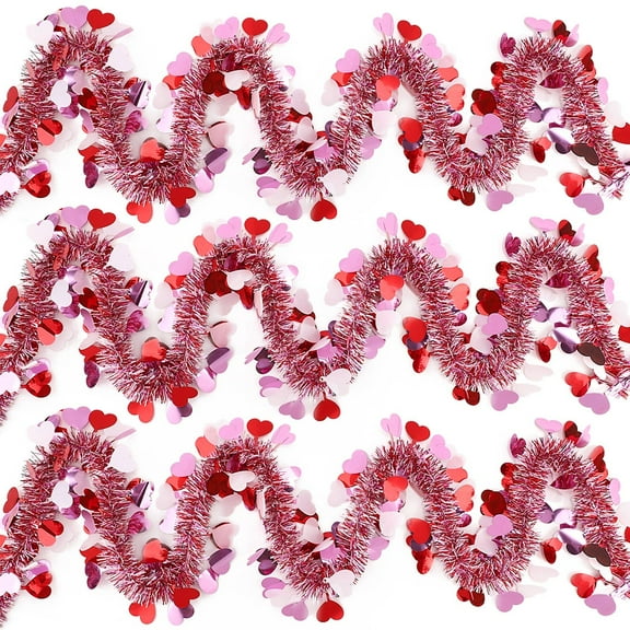 3Pcs Valentines Heart Tinsel Garland Decorations, 19.69ft Valentines Day Red Pink White Metallic Garland Valentine's Day Decorations for Home Indoor Outdoor Wedding Hanging Valentines Day Decor