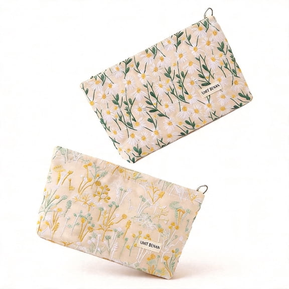 2-Piece Canvas Makeup Bag with Floral Embroidery, Vintage Aesthetic Cosmetic Organizer for Purse Travel, Zippered Brush Pouch Beige