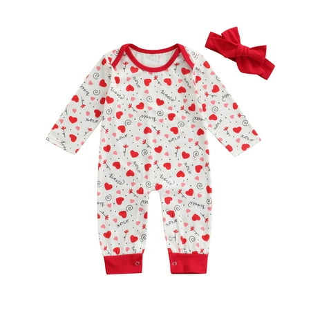 

Herdignity Valentine s Day Baby Girls Jumpsuit Set Heart Printed Long Sleeve Romper with Headband Clothes