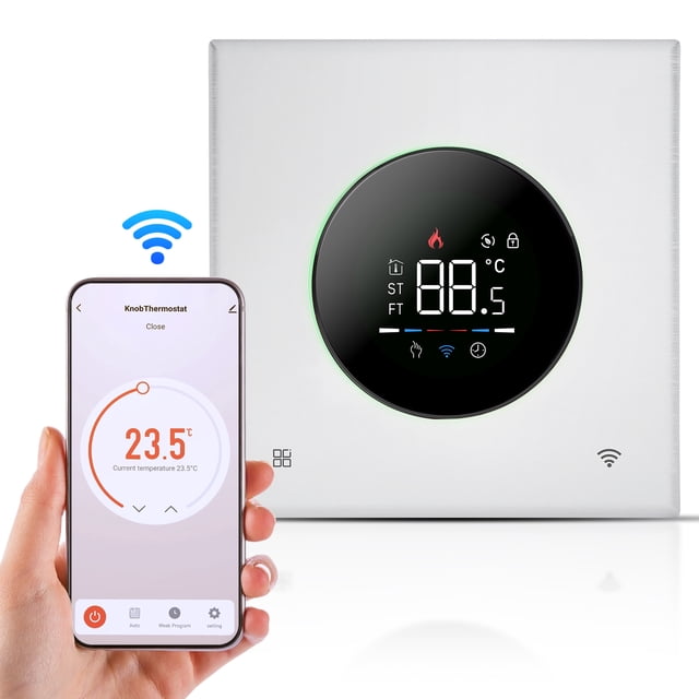 Smart Thermostat for House Water Electric Heating Water Gas Boiler WiFi AC Thermostat with APP/Voice Control VA Digital Touch Screen Colorful Light and Adjustable Knob 5+1+1 Weekly Programming Mode