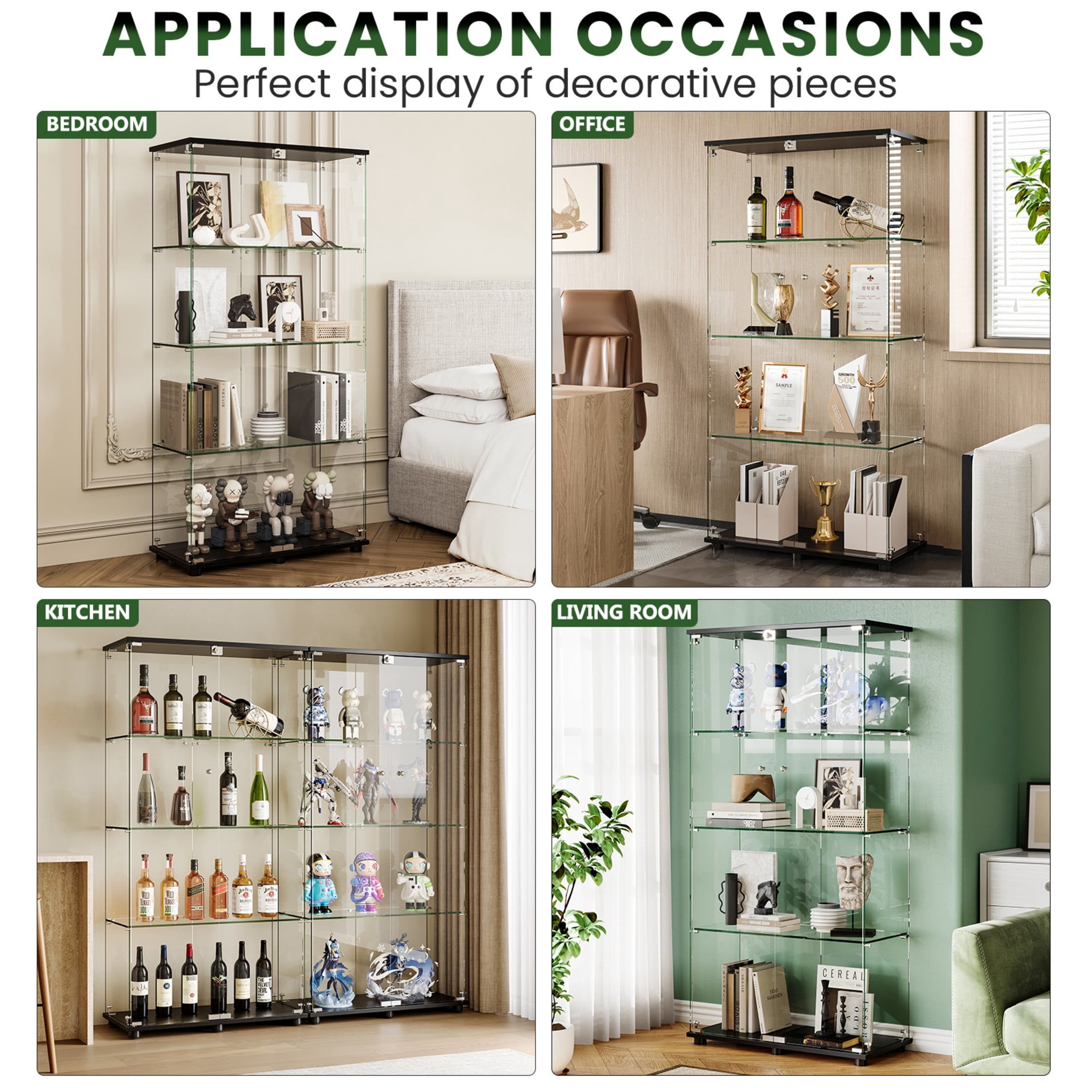 Noble House Floor Standing Display Cabinet with Locking Double Doors, 4-Shelf Tempered Glass Curio Cabinet, Black