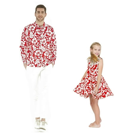 

Matching Father Daughter Hawaiian Luau Dance Long Sleeve Shirt Vintage Dress Classic Hibiscus