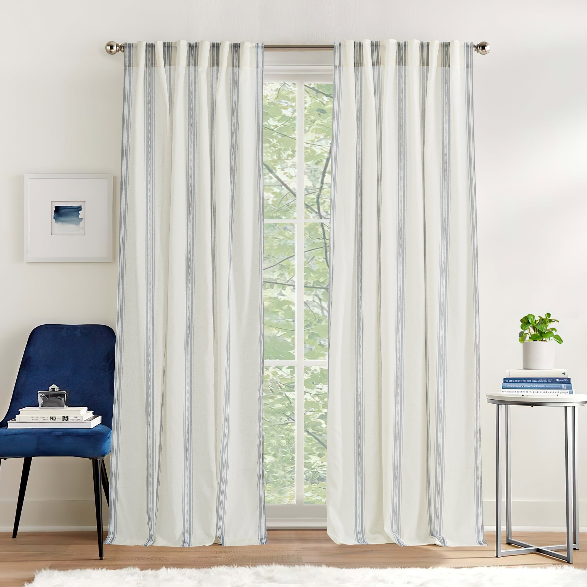 NICETOWN Blue Striped Curtains for Living Room, Linen Curtains Light Filtering Back Tab Farmhouse Rustic Drapes for Bedroom, 52"x84", 2 Panels