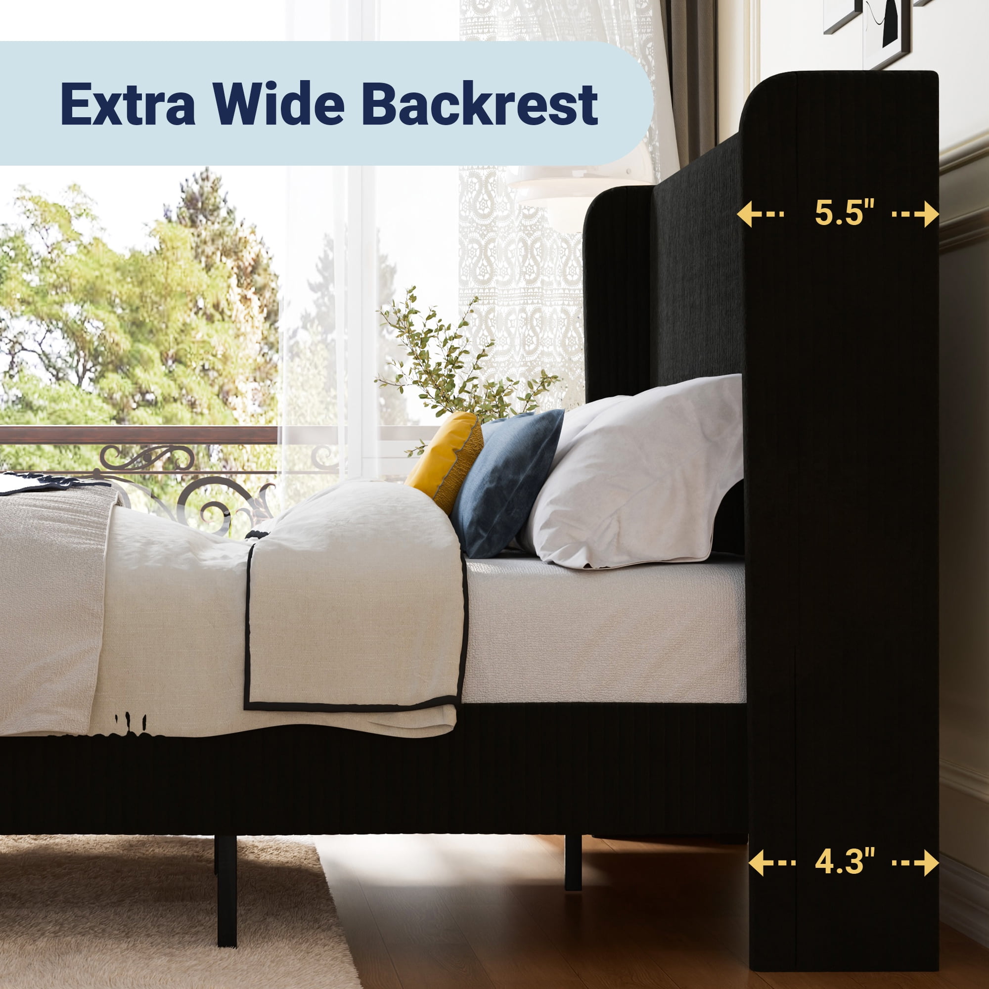 Allewie Queen Size Corduroy Upholstered Platform Bed Frame with Vertical Channel Tufted Wingback Headboard, 8" Under Bed Storage, Wooden Slats and Metal Frame Support, No Box Spring Needed, Black