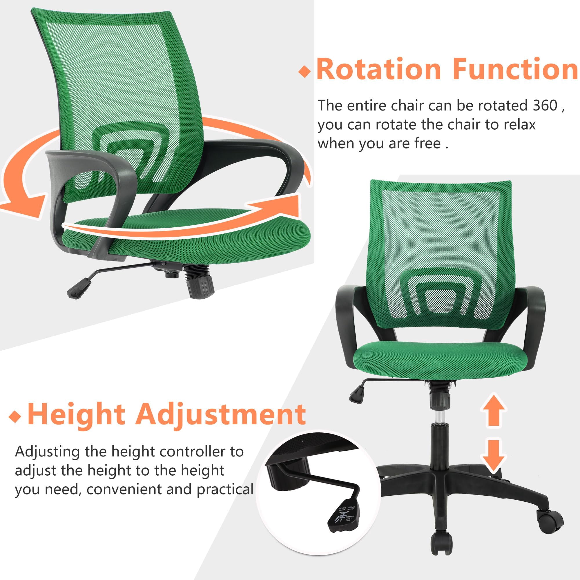 YRLLENSDAN Conference Room Chair Mesh Office Chair with Wheels Rolling Desk Chair with Arms Mesh Computer Chair for 250lb Adults Study Chair Adjustable Height,Green