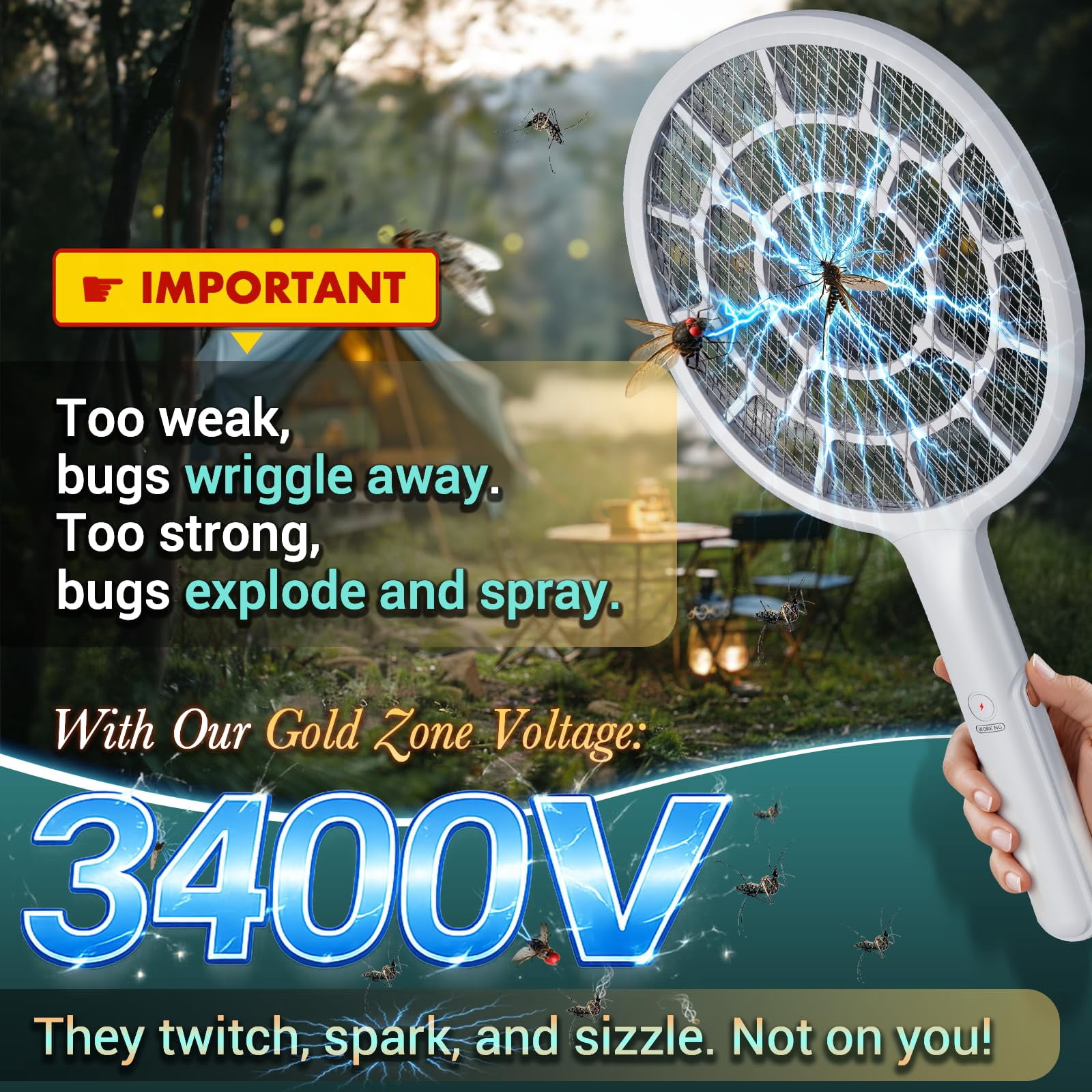 Electric Fly Swatter, Bug Zapper, Mosquito Zapper Racket | Gold Zone Voltage, Densest 3 mm Mesh, Apple-Like Weight - AA Battery Powered (not incl.) - Indoor & Outdoor Use with Pro Swat Tips