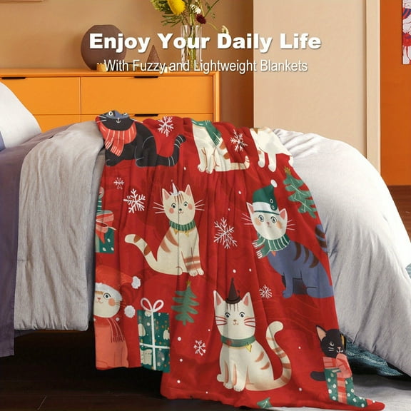 1pc Christmas Cats Flannel Throw Blanket, Soft Polyester, Contemporary Style, Digital Print, Lightweight, All-Season, for Bed, Sofa, Office, Camping