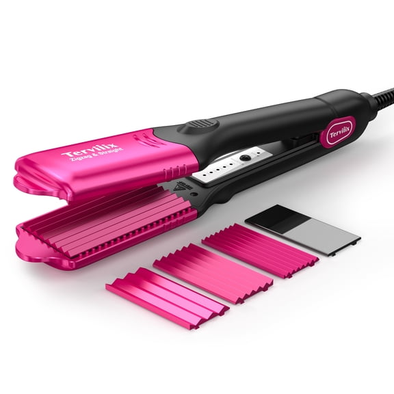 Terviiix Hair Crimper with 4 Changeable Plates, Ceramic Crimping Iron for Hair Styling, Pink