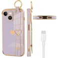 thumbnail image 5 of Phone Case Compatible with iPhone 15 Plus, Cute Love Heart Pattern for Women Girls Soft Plating Bumper Anti-Scratch Protective Cover with Wrist Strap Band Kickstand Holder-Purple, 5 of 12