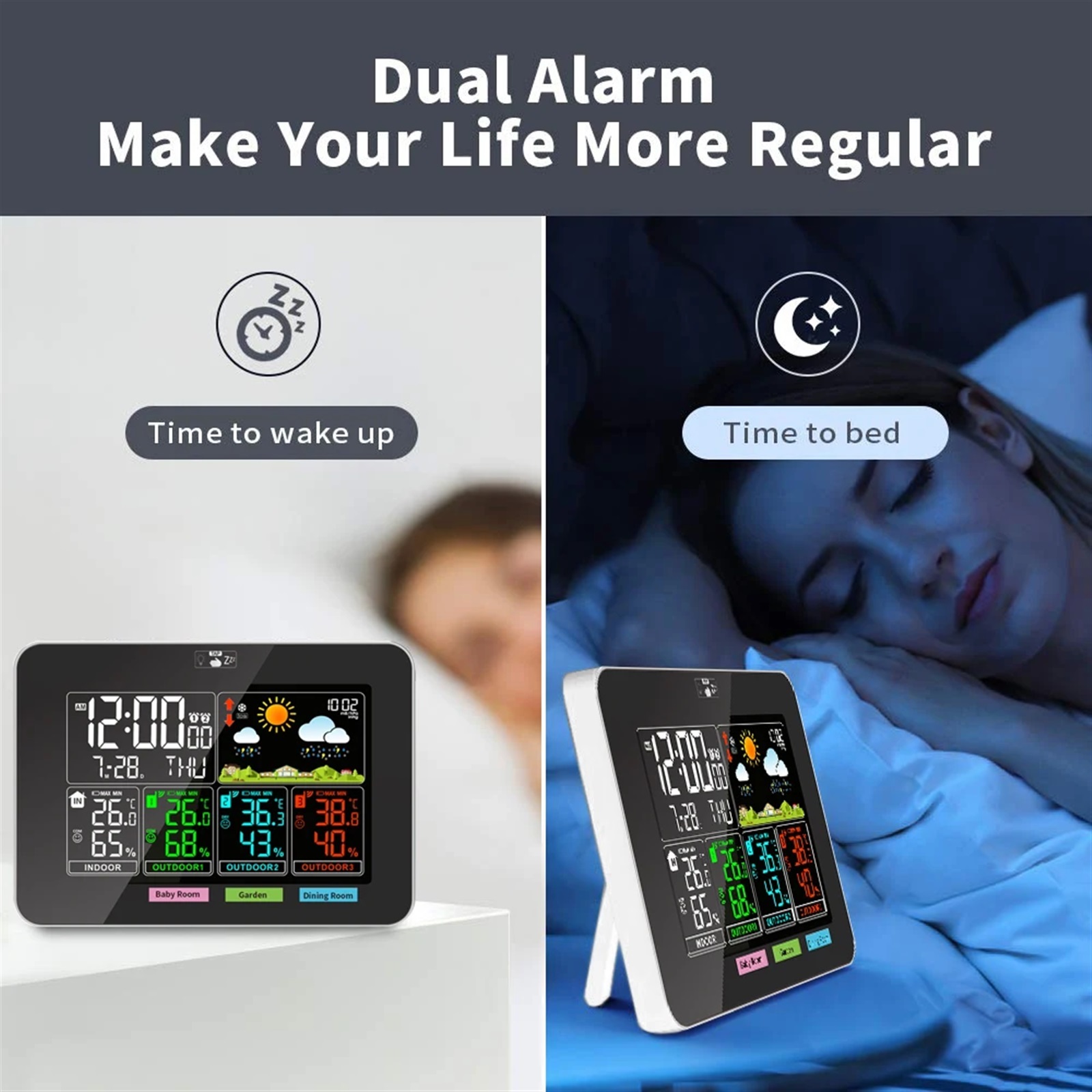 Weather Stations Wireless Indoor Outdoor Temperature Humidity VA Color Display Weather Forecast Barometric Pressure Alarm Clocks ,High Precision