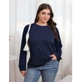thumbnail image 2 of FOLUNSI Women's Plus Size Sweatshirt Cable Knit Sleeve Crew Neck Print Splicing tops Navy Blue 4XL, 2 of 8