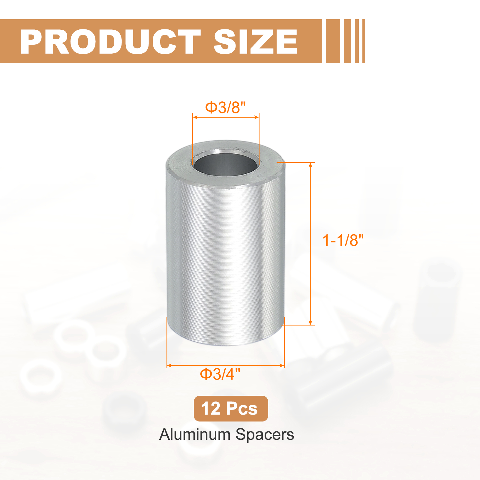 12PCS Aluminum Spacers, 3/8" x 3/4" Metal Spacers Aluminum 1-1/8" L Spacer Screw Standoff Round Unthreaded Standoff Bushing for 3/8inch Screw Bolts, Silver