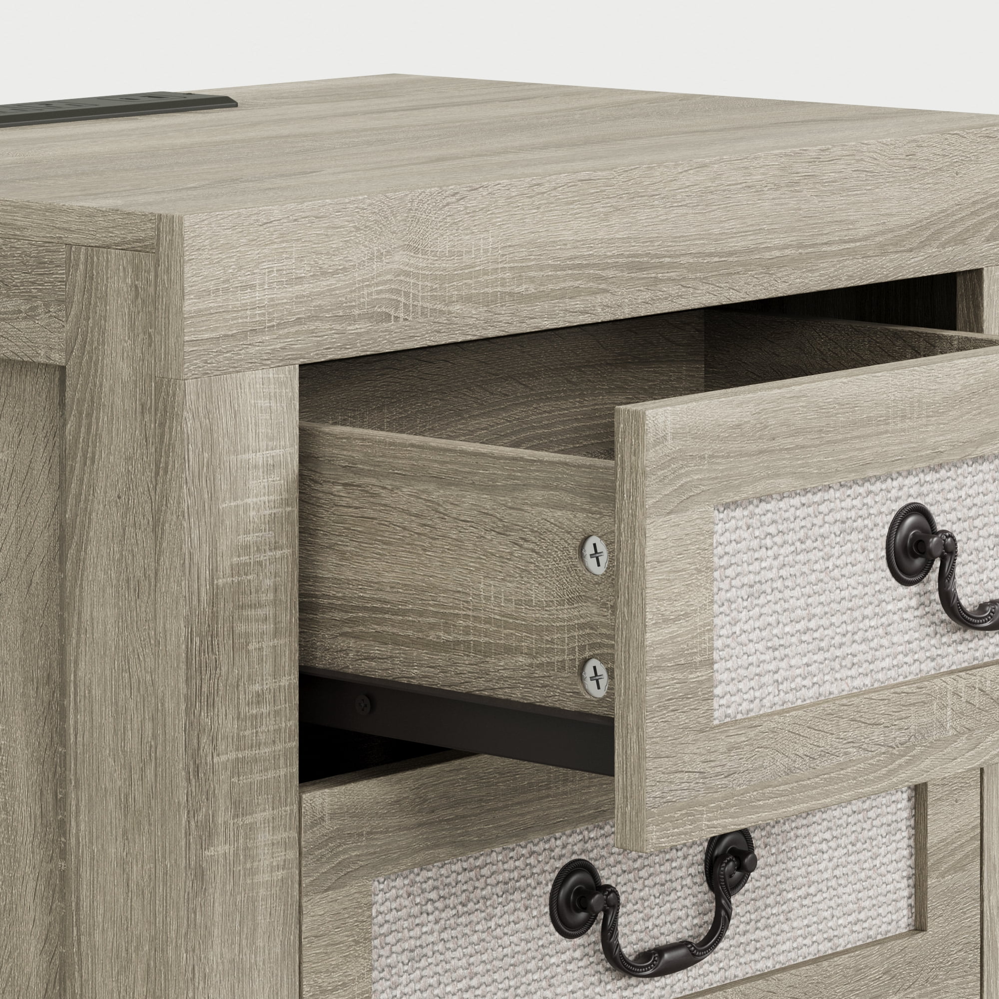 Spruce & Spring Modern Transitional Nightstands Set of 2, 2-Drawer End Tables with Charging Station, Fabric Drawer Front, Natural Wood Finish