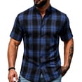 thumbnail image 2 of hoksml Men's Stand Collar Plaid Short Sleeve Button Shirt, Regular Fit Shirts for Daily Outdoor and Summer Casual Wear, 2 of 9