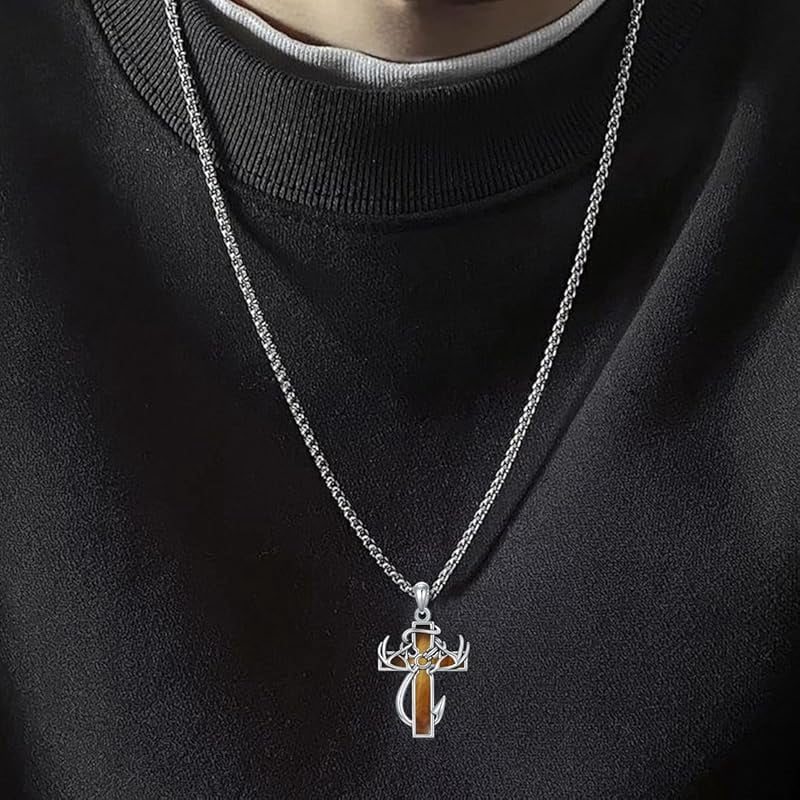 Cross Urn Necklace for Ashes Fish Hook Antler Cremation Pendant 925 Sterling Silver Nail Cross Memorial Jewelry Engraving Name Keepsake Gifts for Men Dad Husband