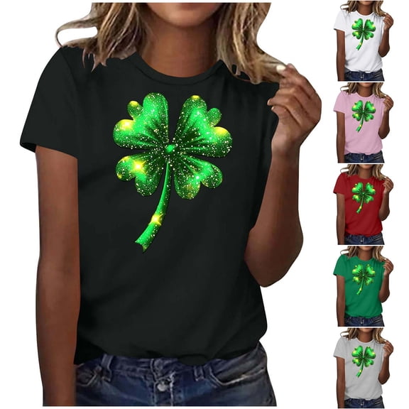 FRSASU Women St Patricks Mardi Gras Round Neck T Shirts Shamrock Carnival Short Sleeve Tops White