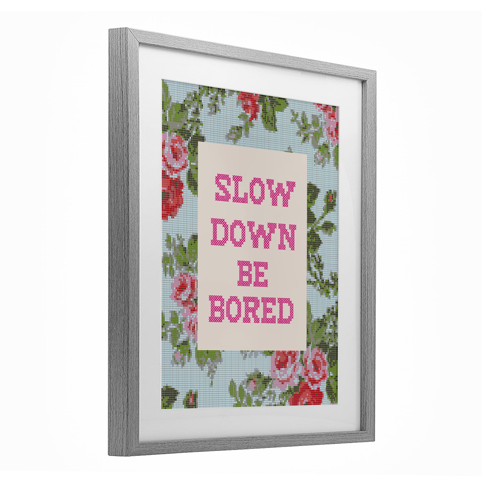 Stupell Industries Slow Down Be Bored Faux Cross Stitch Gray Framed Print Under Glass, design by Lil' Rue