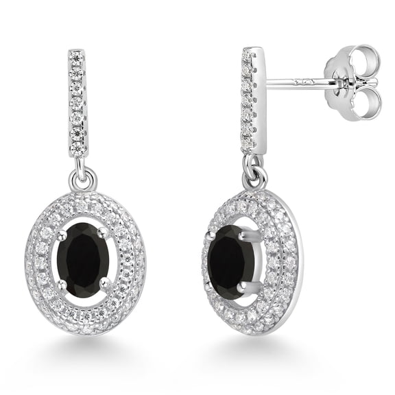 Gem Stone King 925 Sterling Silver Black Onyx and White Moissanite Dangle Earrings for Women (1.31 Cttw, Gemstone December Birthstone, Oval 6X4MM)