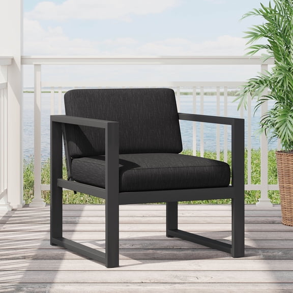 Navan Club Chair Outdoor Aluminum Frame with Water-Resistant Fabric Cushion Modern Black and Dark Gray Patio Lounge Seating for Comfortable Backyard Relaxation