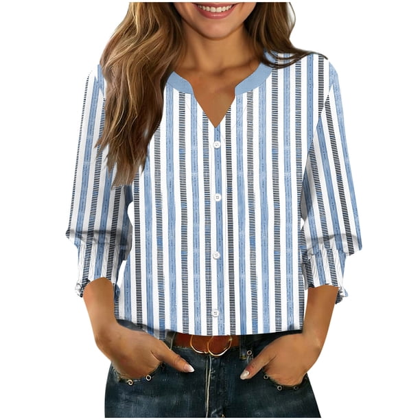 Camisas de Cuello de Tripulación de Manga Larga para Hombres 3/4 Cuarto de Manga con Cuello en V Botón Arriba Cardigan Top para la Moda Casual de Verano