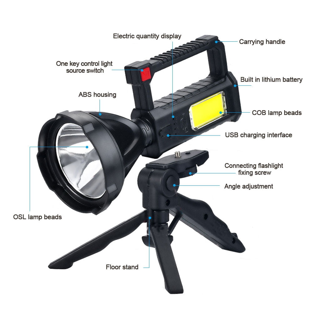 Rechargeable Spotlight Flashlights High Lumens, 90000 Lumens Super Bright LED Searchlight Flashlight with Tripod and USB Output, IPX5 Waterproof, for Emergencies, Fishing, Hiking, Camping