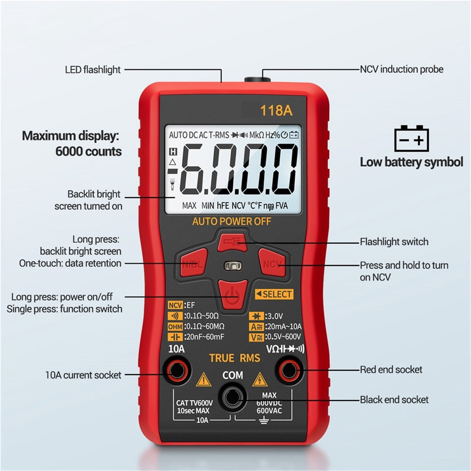 Smart Tester Mini 6000 Counts Flashlight Digital Multimeter With NCV Data Hold Auto Mmultimetro True Rms Tranistor Meter ,Battery Test