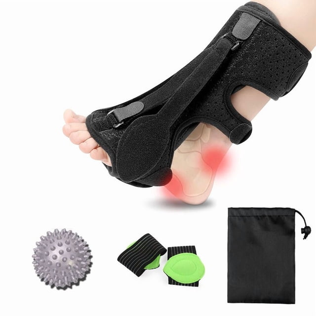 Plantar Fasciitis Night Splint 4-Piece Set - Includes Massage Ball, Drawstring Pouch, Arch Support, Adjustable Plantar Fasciitis Relief for Women and Men