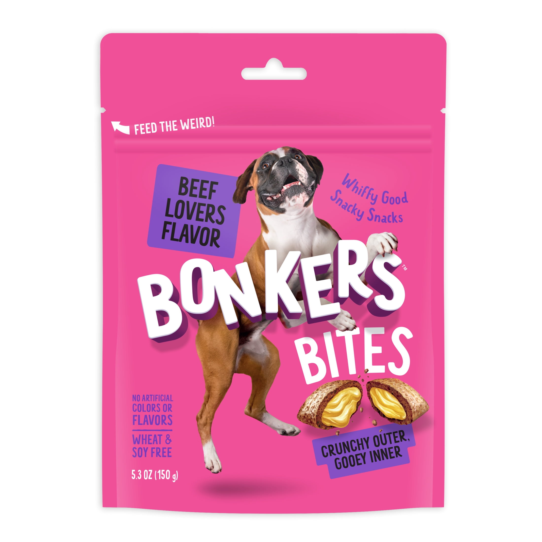 (4 pack) BONKERS Bites Beef Lovers Flavor Crunchy & Soft Treats for Dogs, 5.3oz Bag