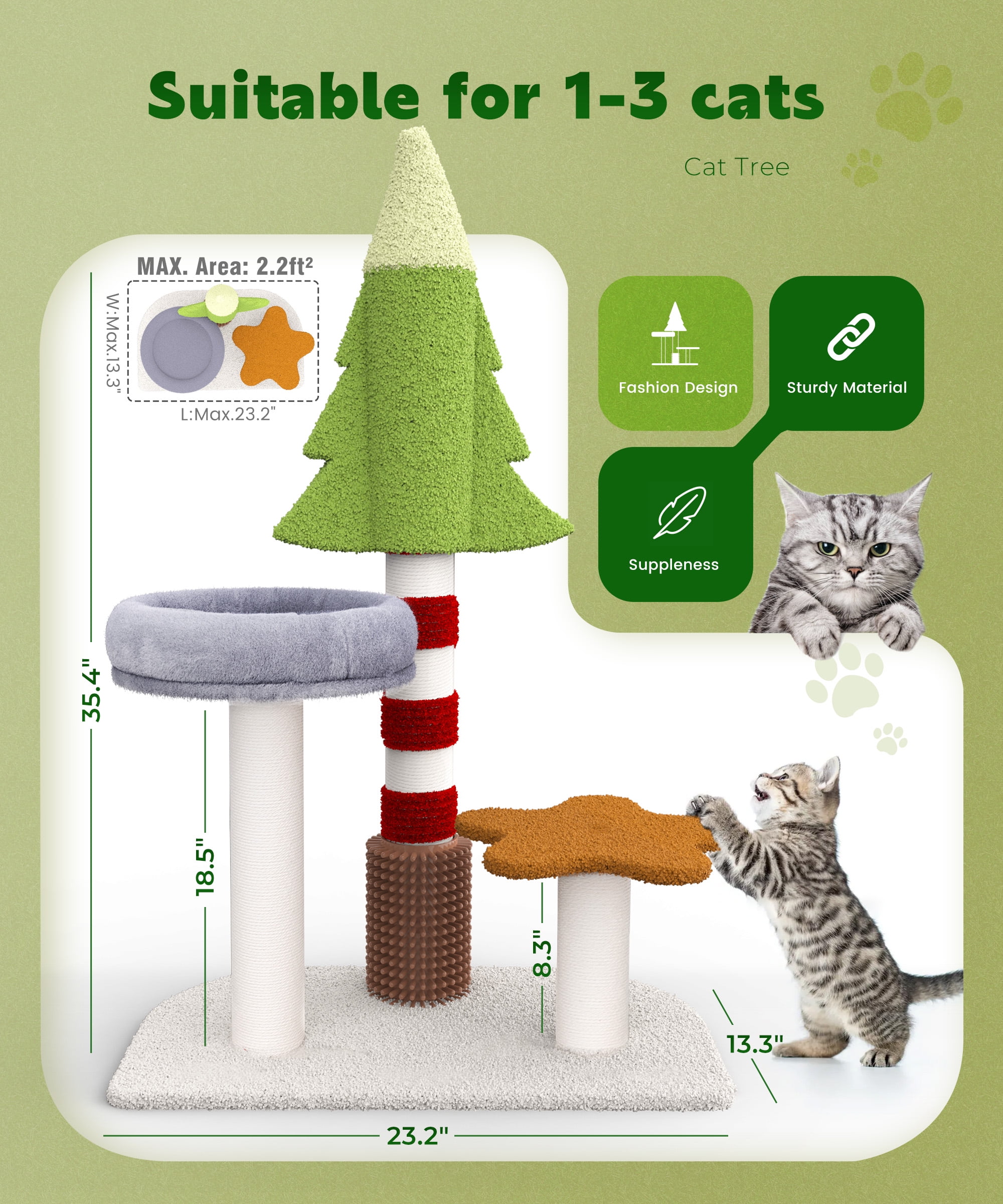 Cat Tree 35.4" Cute Christmas Tree Cat Scratching Post Tower with Perch for Indoor Kitten Kitty