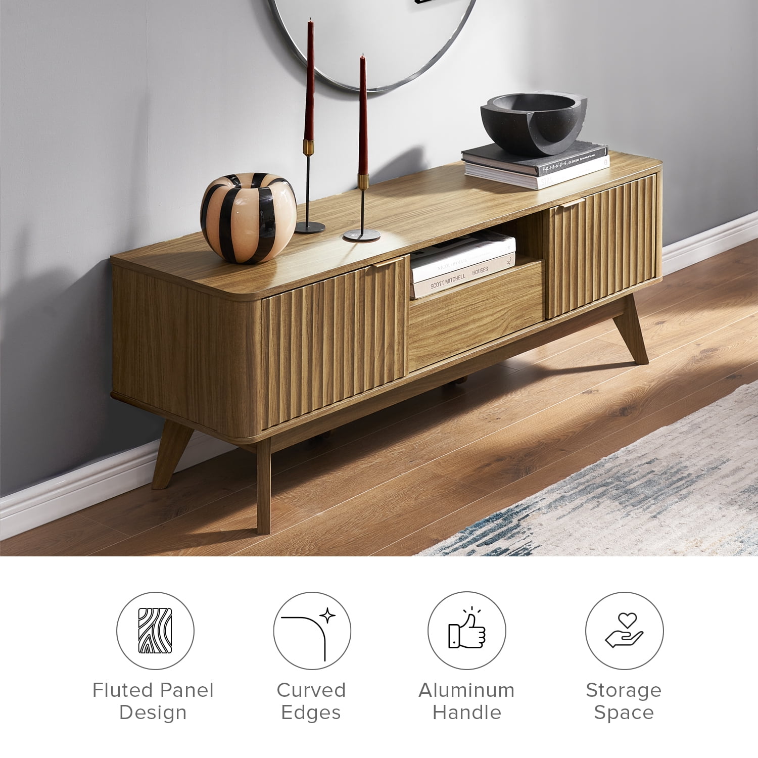 Mopio Brooklyn Mid-Century Modern 57" TV Stand for TVs up to 59”, Fluted Panel, Sturdy Legs (Walnut)