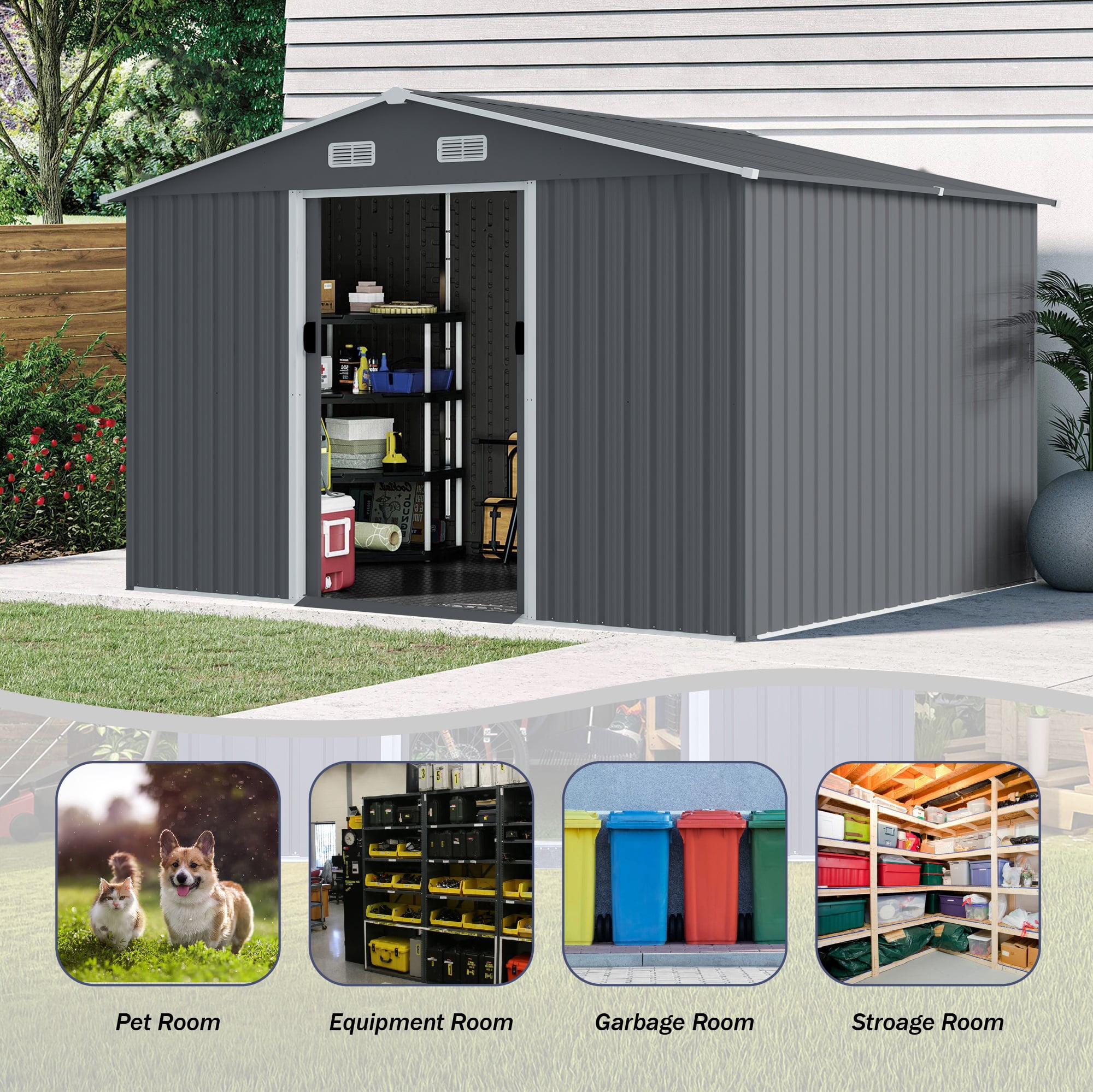 Outdoor Storage Shed 8 x 10 FT Large Metal Tool Sheds, Heavy Duty Storage House with Sliding Doors with Air Vent for Backyard Patio Lawn to Store Bikes, Tools, Lawnmowers Grey