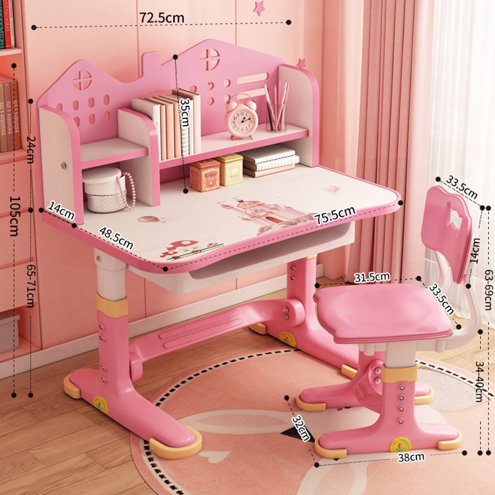 Wharick Kids Desk Chair Set, Height Adjustable Children School Study Desk with Castle Backboard, Bookstand and Storage Drawer Table for Girl and Boy