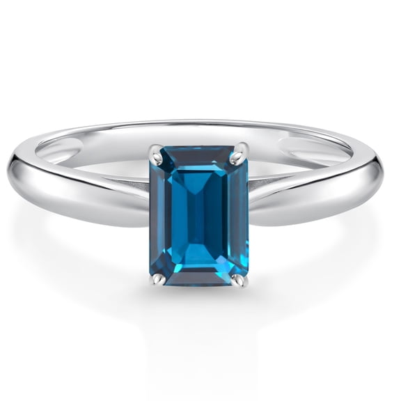 Gem Stone King 1.14 Ct Emerald Cut London Blue Topaz 10K White Gold Solitaire Engagement Ring (Size 6)