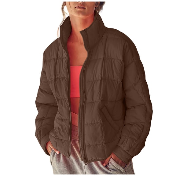 jtjvou Women's Baggy Lightweight Zip Puffer Jacket Warm Winter Down Coat with Pockets for Women Brown,S