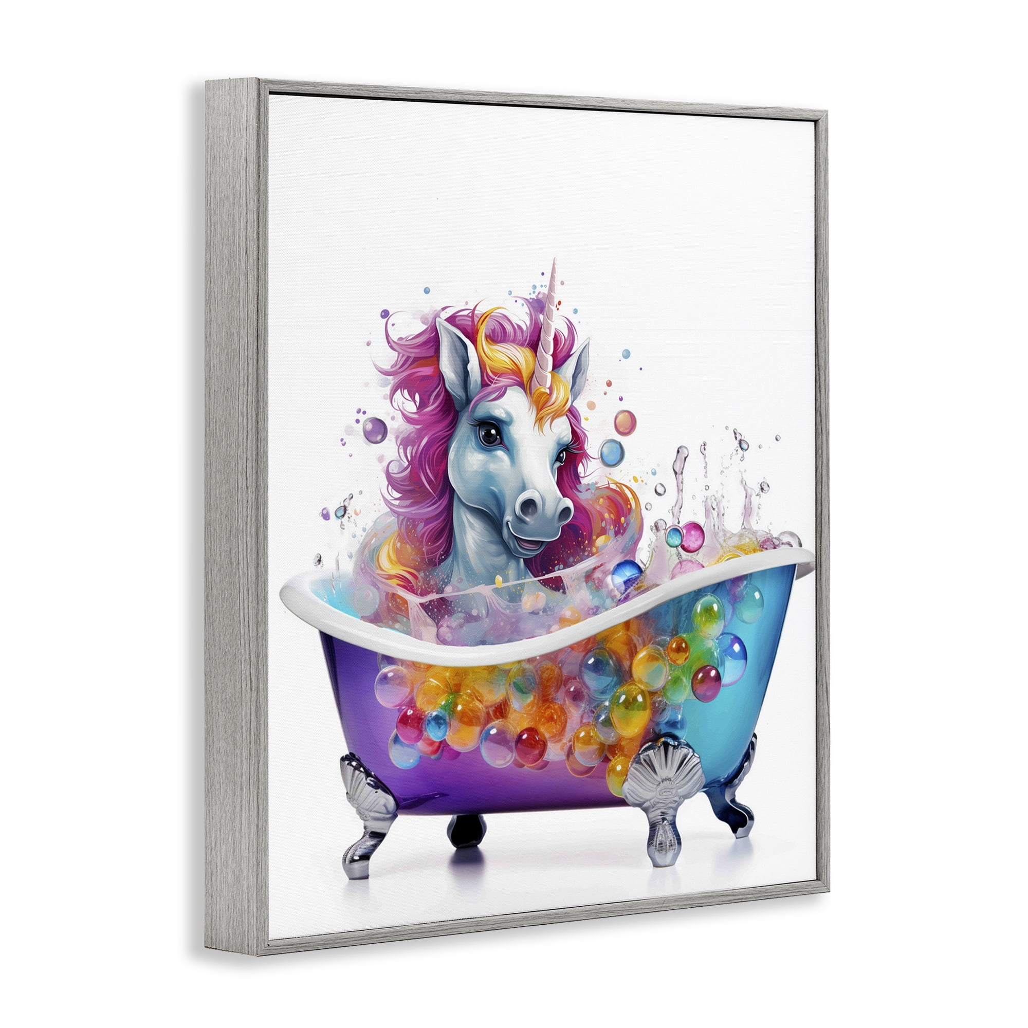 Stupell Industries Rainbow Bubbles Unicorn Typography Painting Gray Framed Art Print Wall Art, 16 x 20