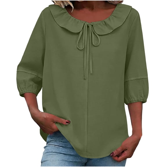 Staron Spring Summer Tops for Women Ruffle Puff Sleeve Drawstring 3/4 Sleeve Casual Loose Round Neck Blouse, Army Green L