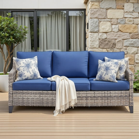 PPorfamilia Outdoor 3 Seater Sofa, Patio PE Rattan Deep Seat Couch with Navy Cushions, for Porch Balcony Backyard