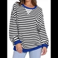 thumbnail image 1 of Sudaderas A Rayas para Mujer, Camisetas de Larga con Cuello Redondo de Gran Tamaño, Jersey Y2K, Ropa de Moda de Otoño Azul L, 1 of 9