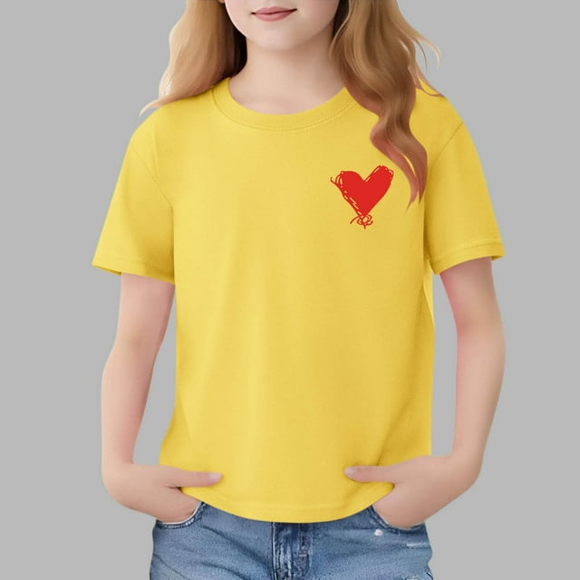 Blusas y camisas de manga corta con cuello redondo para niños Camiseta de verano de manga corta estampada para niñas Jersey elegante de cuello redondo para niñas Top de algodón para niños
