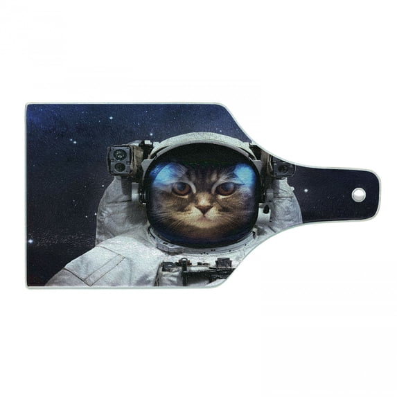 Space Cat Cutting Board, Milkyway Galaxy Space Traveller Cat in Suit with Stars Backdrop Image, Tempered Glass Cutting and Serving Board, Wine Bottle Shape, Navy Blue and White, by Ambesonne