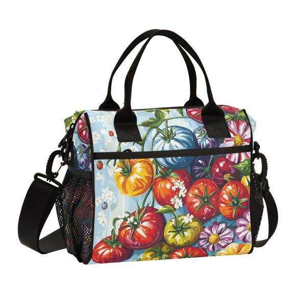 FORMRS Insulated Lunch Bag for Work School Unisex Large Capacity Cooler with Shoulder Strap, Blue Floral Tomatoes