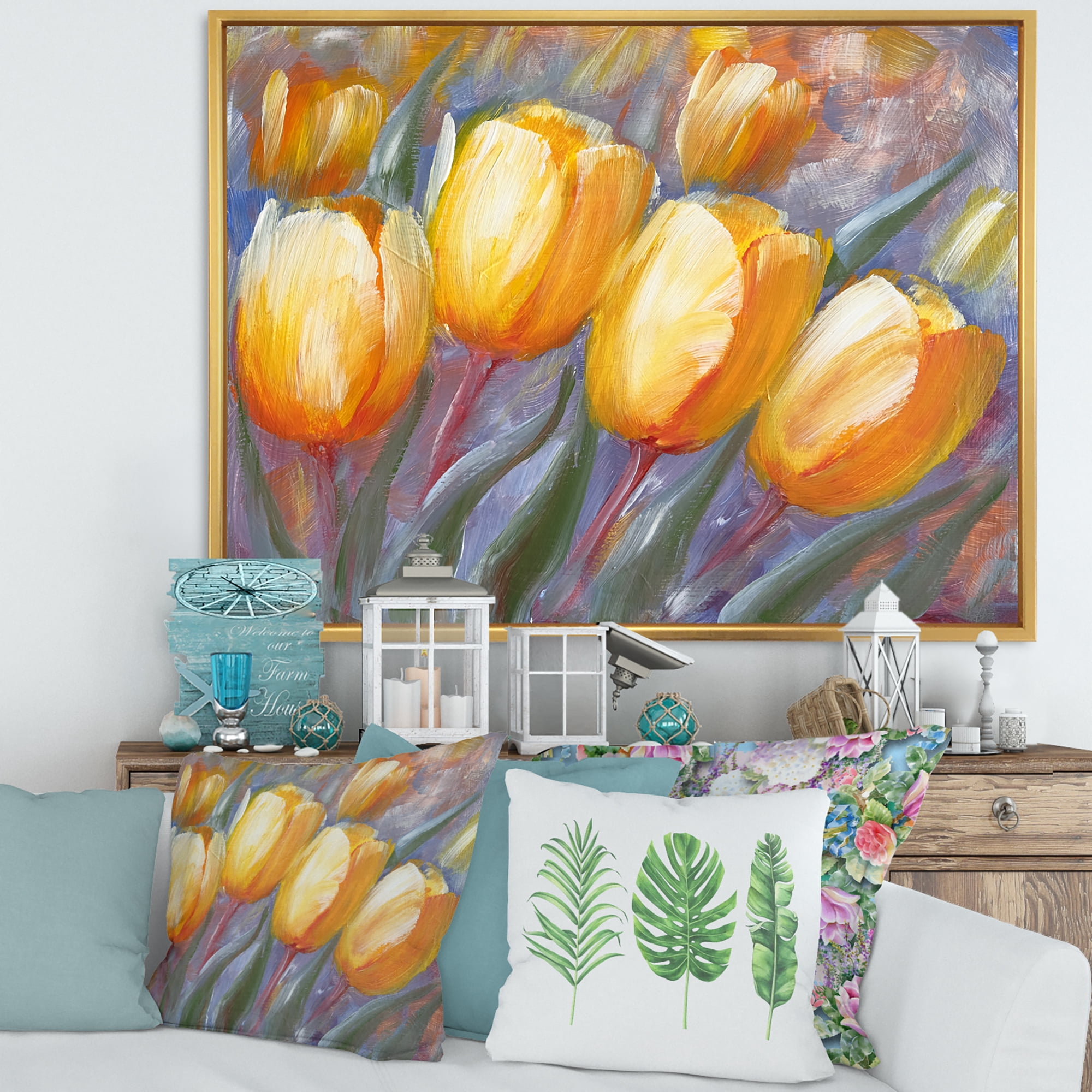 Designart 'Abstract Yellow Blooming Tulips' Traditional Framed Canvas Wall Art Print