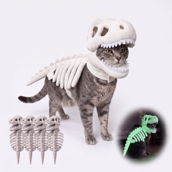 Cat Dinosaur Costume, Dinosaur Skeleton Glow in Dark Cat Costume, Plush Halloween Pet Hood Outfit for Cats, Funny Cozy Dress Up Accessory