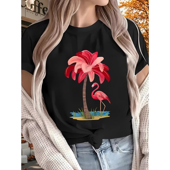 Super Stylish Tropical - Themed Graphic Tees With Pink Flamingo And Palm Tree Print, Vibrant Summer - Inspired Print T - shirts, Extra Comfortable Short Sleeve Casual Daily Wear Shirts