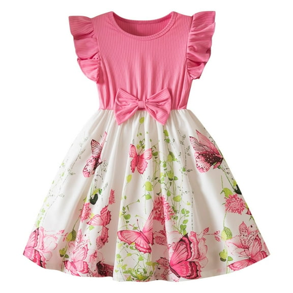 AUNVITO Girls Summer Dress Short Sleeve Ruffle Hem Tie Waist Butterfly Sleeve Floral Print Princess Round Neck Y2K New Arrival
